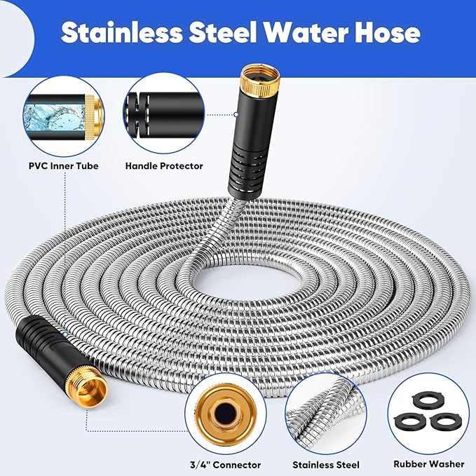 Garden Hose 50 ft, Stainless Steel Metal Hose, Flexible Water Hose with 10 Function Nozzle, Kink Free, Leak-Proof, Heavy Duty Hose for Yard, Outdoor, Lawn, RV, Car Wash and Camper Use