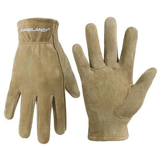 HANDLANDY Kids Genuine Leather Gardening Gloves for age 2-9, Children Work Gloves for Boys, Girls, Toddlers (Khaki, M)