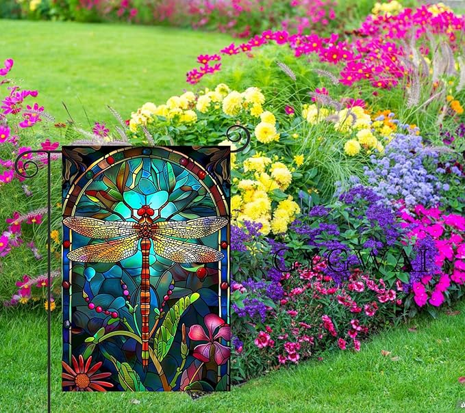 Stained Glass Spring Dragonfly Garden Flag 12x18 Inch Double Sided for Outside, Floral Small Burlap Yard Flag Seasonal Farmhouse Outside Outdoor Decor