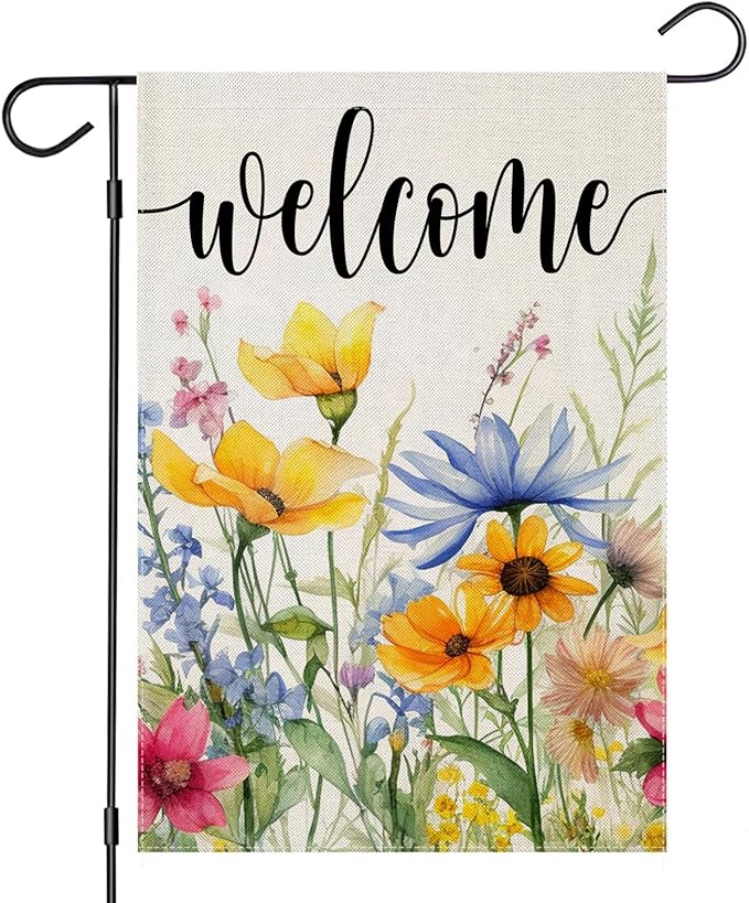 Spring Garden Flag 12x18 Inch Double Sided Outdoor Decor Watercolor floral welcome design for spring decor, seasonal summer garden flag for outside yard, patio, farmhouse, and holiday outdoor decoration