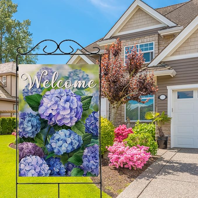 Hzppyz Welcome Spring Floral Flowers House Flag Double Sided, Hydrangea Decorative Garden Yard Outdoor Large Decor, Summer Farmhouse Burlap Home Outside Decoration 28 x 40