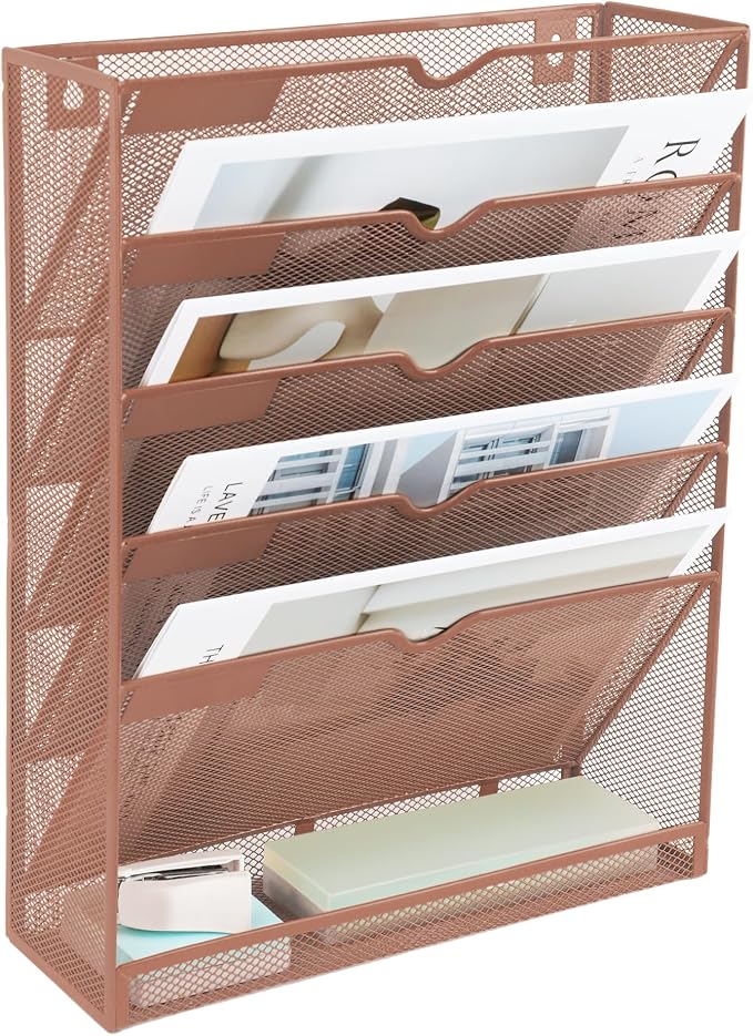 EASEPRES 6 Tier Mesh Hanging Wall File Organizer, Desk Vertical Mail Paper Document Folder Holder Rack with Bottom Tray and Nametag Label for Office Home School, Brown