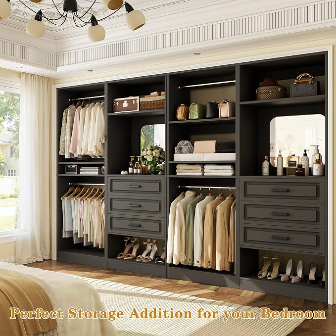 Unikito Closet System, 100" Closet Organizer with Drawers & Mirror, Black