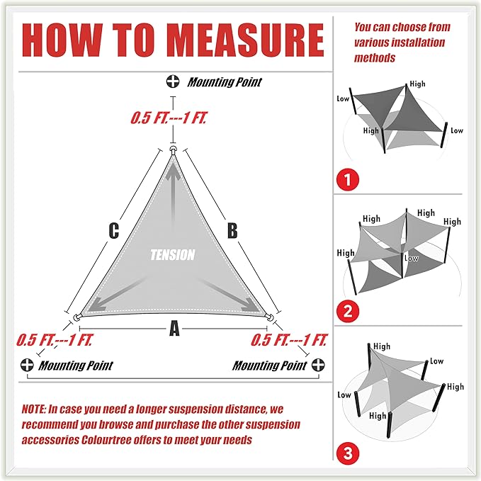 ColourTree CTAPRT16 Custom Size Order to Make 10' x 17' x 19.7' Green Right Triangle Sun Shade Sail Canopy Mesh Fabric UV Block UPF50 - Commercial Heavy Duty - 190 GSM - 3 Years Warranty