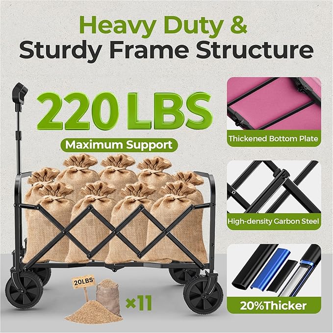 Pink Collapsible Wagon Cart, Lightweight Folding Utility Cart with Wheels, 220lbs Capacity Portable Grocery Cart for Sporting Events, Garden, Shopping (Pink)
