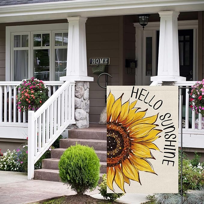 Hello Sunshine Summer Garden Flag 12x18 Inch Double Sided for Outside, Floral Sunflower Seasonal Burlap Yard Outdoor Flag