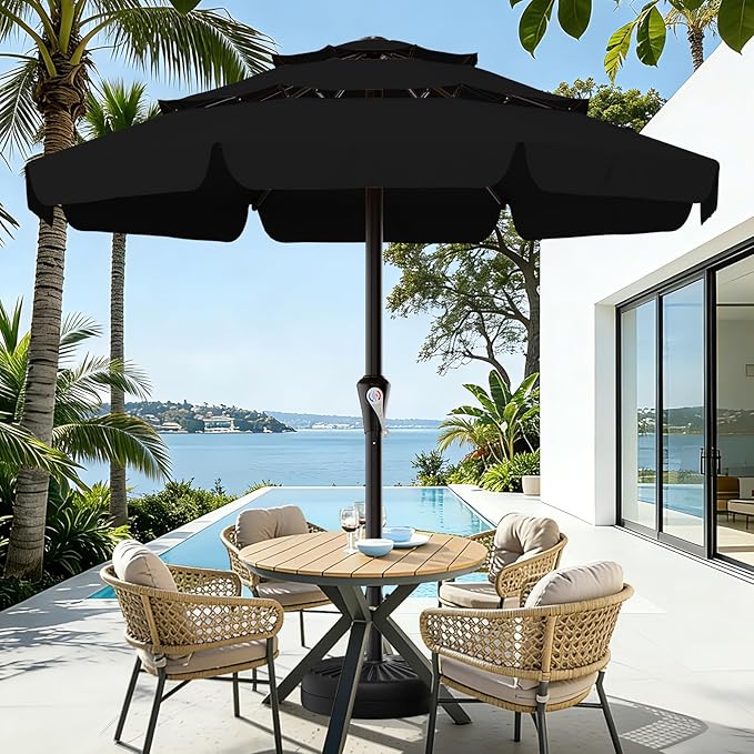 AreShark 11FT 3-Tiers Patio Umbrella with Valance, Outdoor with Crank, Large Outdoor Market Umbrellas Vented with 8 Sturdy Ribs, Patio Table Umbrellas for Garden, Deck, Backyard, Pool, Black