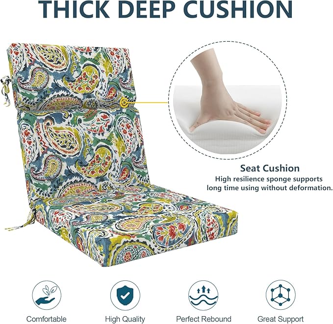 DYTXIII Outdoor High Back Chair Cushions Set of 2, 44"x22" Water Repellent Patio Seat Cushions with Elastic Sponge, All Weather Chair Pads for Rocking, Dining, Patio Furniture - Paisley Paradise