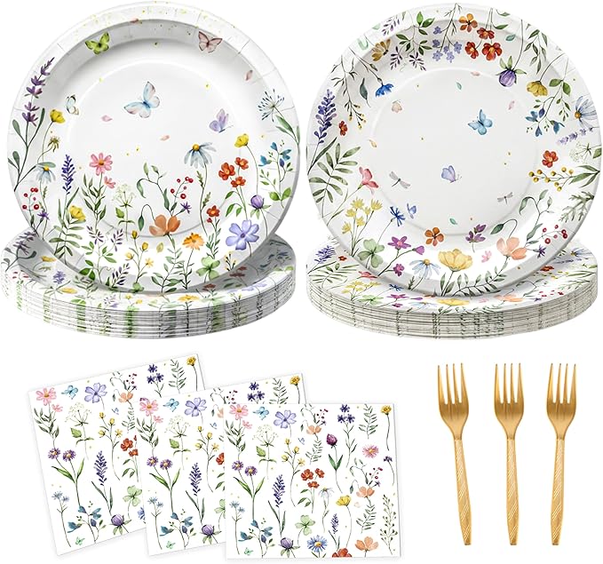 75Pcs Wildflower Plates and Napkins Party Supplies, Floral Paper Plates Wildflower Baby Shower Decorations Flower Party Plates Set for Spring Birthday Bridal Shower Tea Garden Party Decor, Serves 25