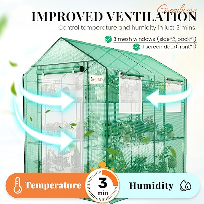 KING BIRD Premium Greenhouse for Outdoors, 84x56x77 Upgraded PVC Cover & Heavy Duty Steel Frame Walk-in Portable Green House for Outside Garden, Screen Windows & Mesh Door, 3 Tiers 14 Shelves, Green