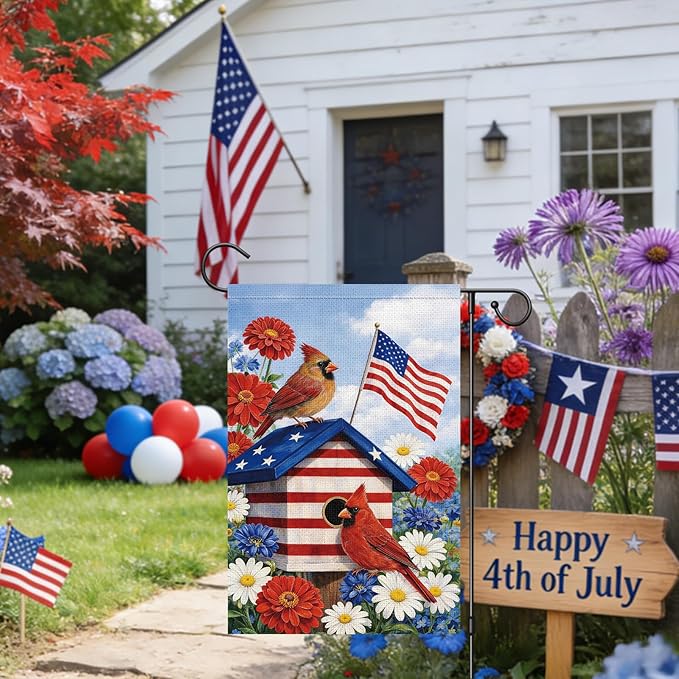 Heyfibro 4th of July Cardinals Patriotic Garden Flag 12x18 Double Sided Burlap, Birdhouse Red White & Blue Daisy Floral Yard Banner for Rustic Independence Day Outdoor Decor (ONLY FLAG)