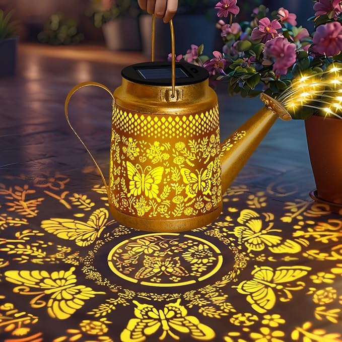Solar Watering Can Lights Outdoor Garden Decor, Large Butterfly Hanging Lantern with Shepherd Hook, Waterproof Garden Lights for Outdoor Landscape Pathway Yard, Gift for Mom Grandma Mother Gifts
