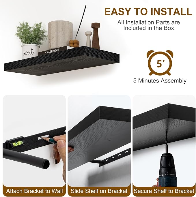 Fun Memories Rustic Black Floating Shelves 24 Inch Long, 8 Inch Deep Floating Shelf, 24 x 8 Wall Shelves Set of 2, Deep Black Bathroom Shelves, 24 Long Floating Bookshelf Wall Mounted