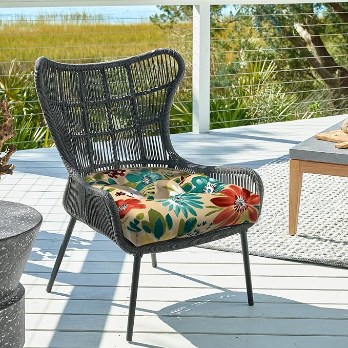 DYTXIII Set of 2 Outdoor Chair Cushions 19"x19"x4", Water Repellent Tufted Patio Seat Cushions with Ties, Thick Replacement Pads for Wicker Dining Chairs, Patio Furniture, Flower Multi