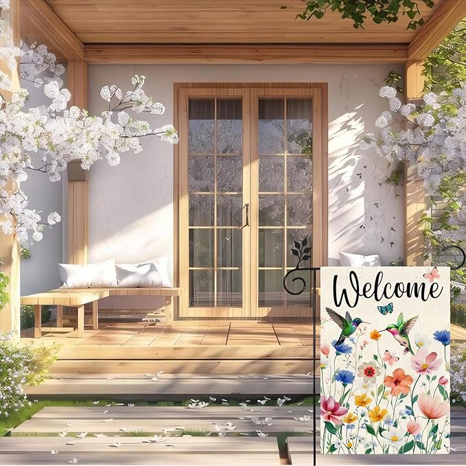 Spring Hummingbird Flowers welcome Garden Flag 12 x 18 Inch vertical Double Sided, outdoor Flag in spring and summer Suitable for Holiday yard decoration