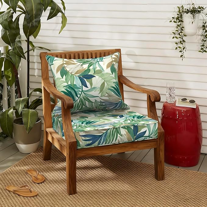LVTXIII Outdoor Deep Seat Cushion Patio Seat and Back Cushion Set Seasonal Chair Cushion with Removable Cover and Adjustable Buckle for Home and Garden, 22"x22"x4", Lush Leaf Green
