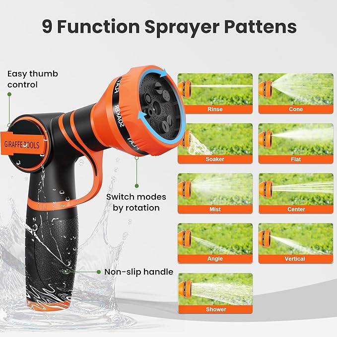 Giraffe Tools Garden Hose 50ft x 3/4", 304 Stainless Steel Metal Water Hose, No Kink Garden Water Hose with 9 Pattern Spray Nozzle, Flexible, Lightweight, Kink Free Hose for Yard, Outdoor