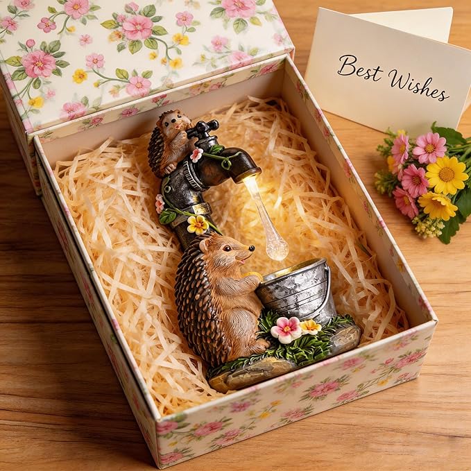 TERESA'S COLLECTIONS Garden Decor, Set of 2 Cute Hedgehogs and Faucet Garden Decor, Waterproof Resin Garden Statue, Hedgehogs Gift, Garden Gift for Women Mom, Indoor/Outdoor