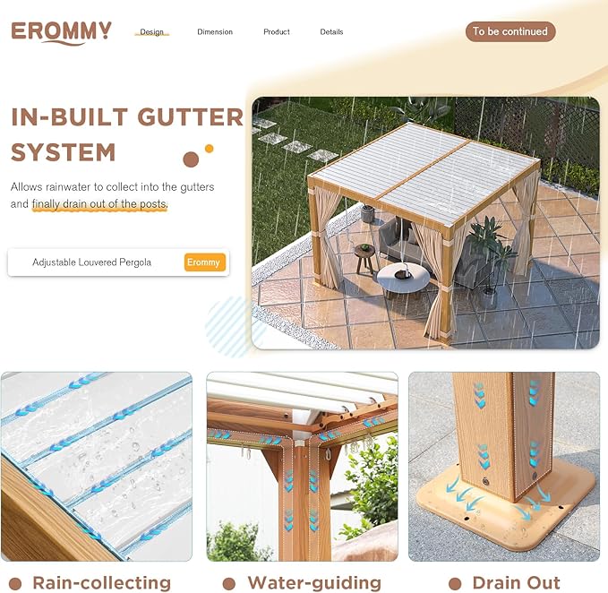 EROMMY Louvered Pergola 10x10, Outdoor Aluminum Pergola with Adjustable Rainproof Roof for Garden, Patio, Deck, Waterproof Curtains and Netting Included, Wood Grain