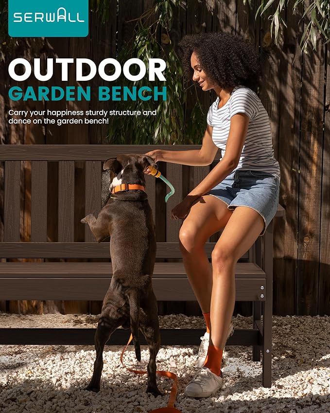 SERWALL Outdoor Bench, HDPE Outdoor Benches Weatherproof, 2-Person Garden Bench with 660 lbs Weight Capacity, Patio Benches for Outdoors, Garden, Porch, Backyard and Park, Coffee, 4 Pack