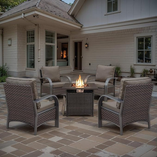 Belord 5 Piece Patio Furniture Set with Fire Pit Table - Outdoor Conversation Set with Propane Fire Pit and 4 Wicker Chairs for Backyard Patio or Casual Gathering Brown