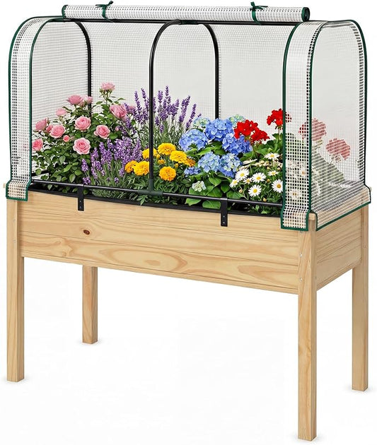 Giantex Raised Garden Bed with Cover, Wood Elevated Planter Box with Legs & Mini Greenhouse, Waterproof Sun-Protective PE Green House Cover, Outdoor Use for Fruit Vegetable Flower Herb (White+Natural)