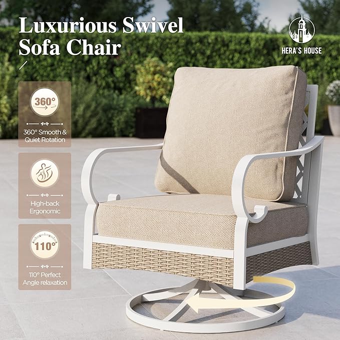 HERA'S HOUSE Swivel Outdoor Patio Chairs Set of 2 with Cushions, High Back Metal Frame, All Weather Garden Furniture for Lawn, Backyard, Deck, Beige