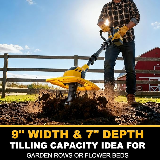 20V Cordless Garden Tiller Cultivator - Compatible with DeWalt 20V MAX Batteries, 9-in. Tilling Width & 7-in. Depth, 4 Steel Blades for Raised Beds and Flower Gardens, Battery Not Included