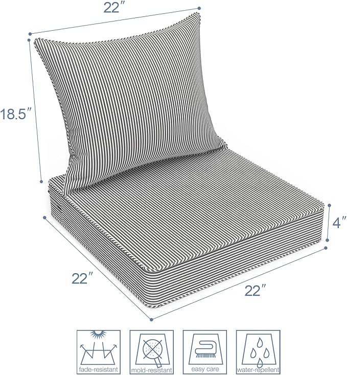 LVTXIII Outdoor Deep Seat Cushion 22"x22"x4" Patio Seat and Back Cushion Set Seasonal Chair Cushion for Dining Arm Chairs, Wicker Chairs and Garden Furniture Decoration, Strip Grey