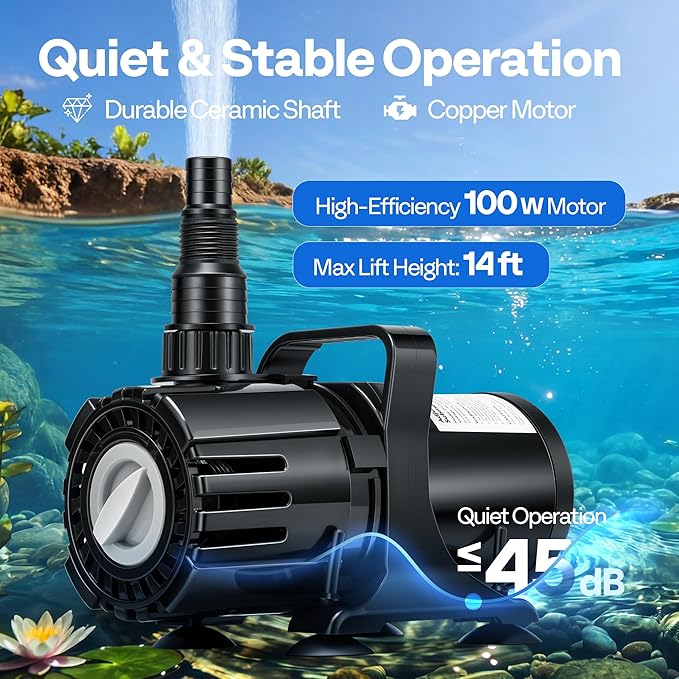VIVOHOME 100W Adjustable Flow Submersible Water Pump, 700-1800GPH Stepless Flow Control, 14ft Max Lift, 180° Seamless Adjustable Nozzle and Barrier Pump Bag for Pond, Aquarium, Fountain, Waterfall