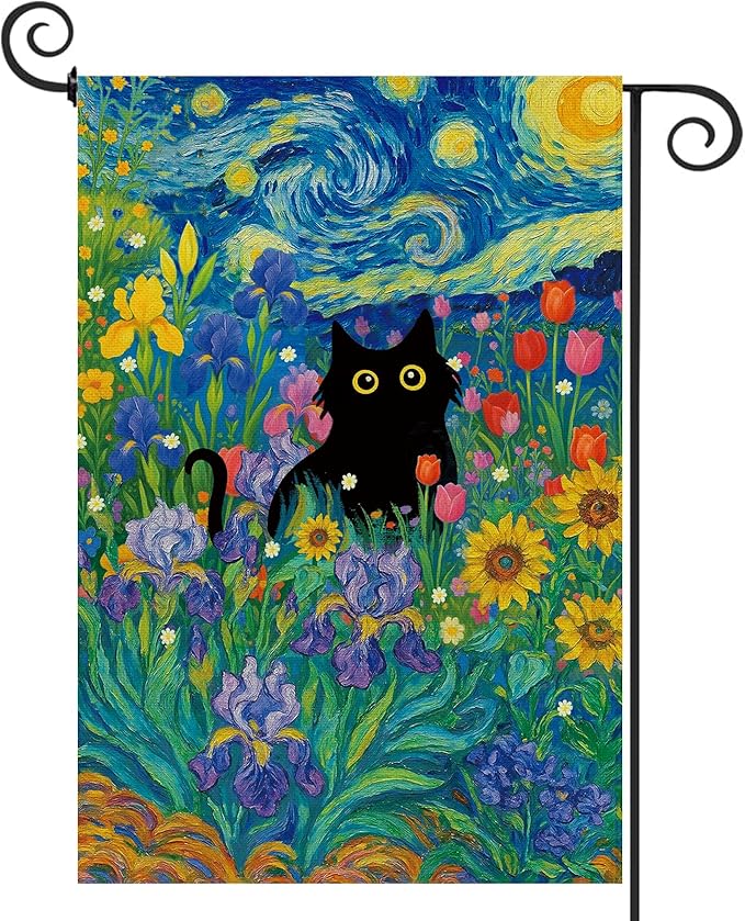 Baccessor Spring Summer Black Cat Garden Flag Double Sided 12.5 x 18 Inch Burlap with Clip and Stopper,Starry Night Flowers Flag Yard Lawn Seasonal Farmhouse Outside Outdoor Decoration