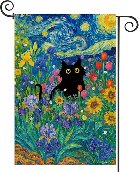 Baccessor Spring Summer Black Cat Garden Flag Double Sided 12.5 x 18 Inch Burlap with Clip and Stopper,Starry Night Flowers Flag Yard Lawn Seasonal Farmhouse Outside Outdoor Decoration