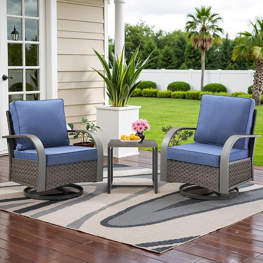 Belord Outdoor Swivel Rocker Patio Chairs Set of 2, 3 Piece Wicker Patio Bistro Set with Metals Side Table and Comfort High Back 4" Cushion Outdoor Patio Glider Chair for Balcony Deck Porch