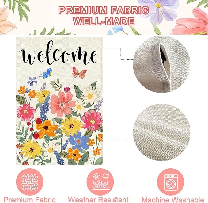 Baccessor Spring Summer Welcome Garden Flag Double Sided 12.5 x 18 Inch Burlap with Clip and Stopper,Floral Butterflies Flag Seasonal Farmhouse Front Yard Lawn Outside Outdoor Decoration
