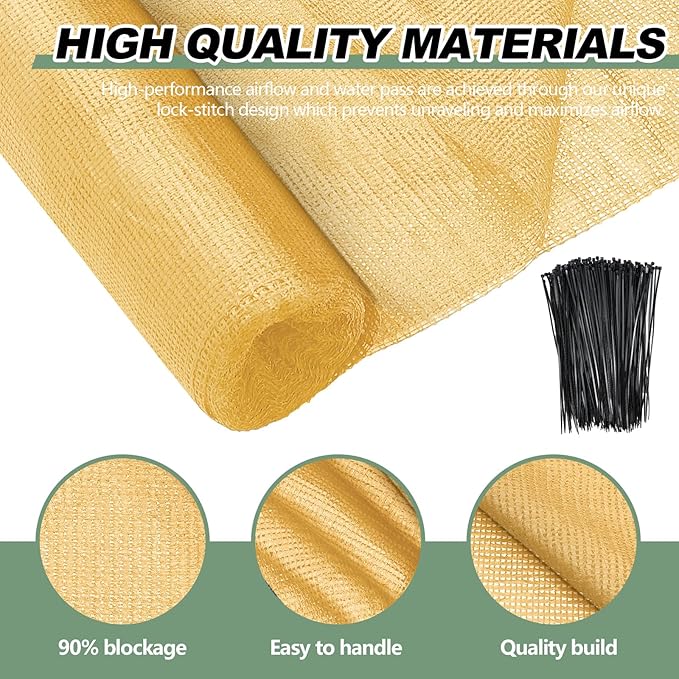 6 x 150 ft Shade Cloth Beige Shade Cloth Roll for Covering Garden 90% Mesh UV Resistant Net with Ties for Patio Outdoor Greenhouse Fence Flower Plant Cover Canopy