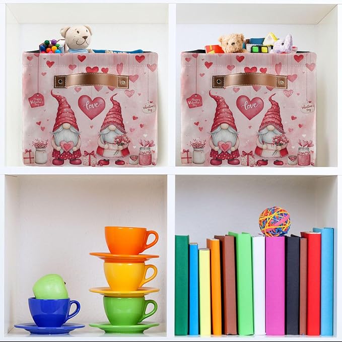 Happy Valentine’s Day Pink Storage Basket with Waterproof Liner and PU Handles Love Heart Gnomes Gift Storage Bins Boxes 14.2" Collapsible Decorative Organizer Baskets for Bedroom Closet Office 1 Pack