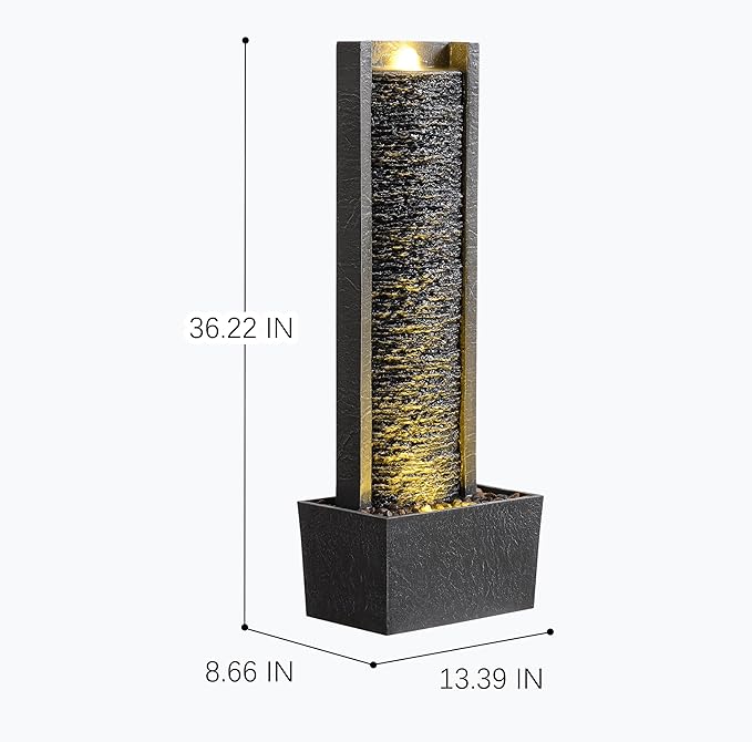 Outdoor Floor Standing Water Fountain with LED Lights, 36-Inch Modern Rectangular Cascading Waterfall Feature for Garden, Patio, Backyard, Deck & Home Decor, Durable Resin Stone-Look Finish