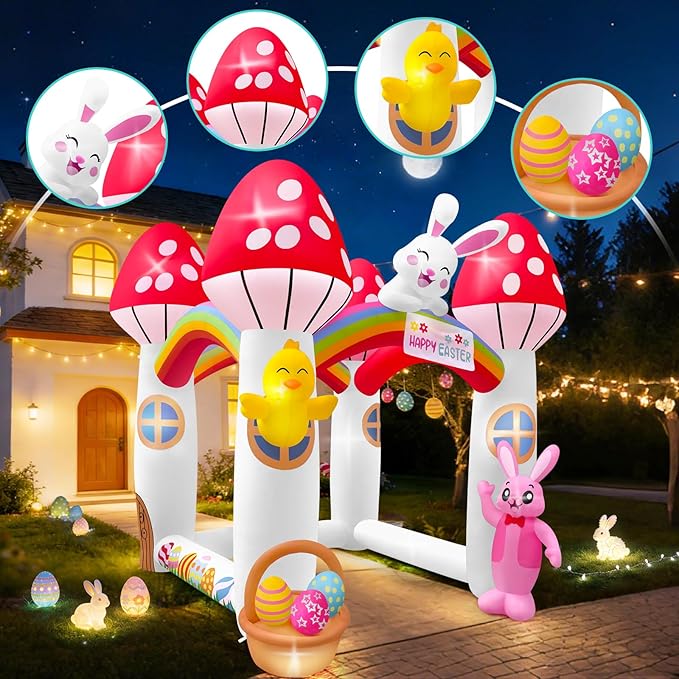 Kalolary 10FT Easter Inflatables Bunny Archway, Stereoscopic Mushroom House Arch Inflatable with Built in LED Lights Blow Up Tunnel Easter Outdoor Yard Decoration for Holiday Party Garden Lawn Decors