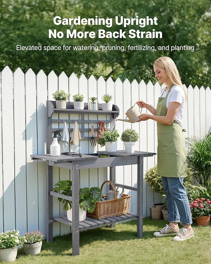 VEVOR Potting Bench Table, Outdoor Gardening Workstation with Sink, 37-55in Adjustable Wood Tabletop, Garden Work Station with Storage Shelves, Hooks for Patio, Backyard, Classic Grey