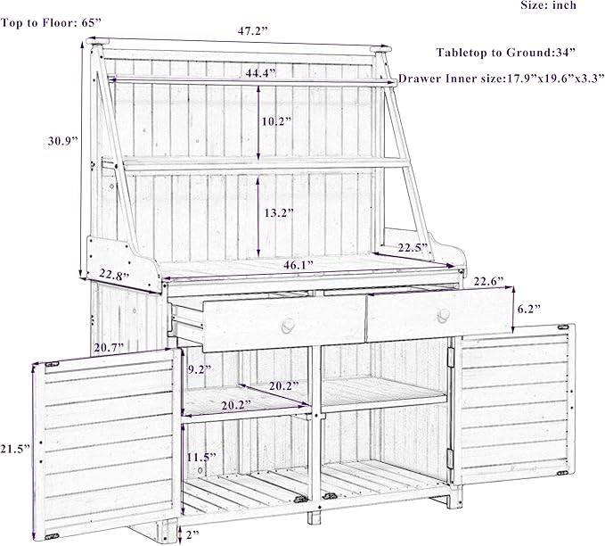 RUNNA 65inch Garden Potting Bench Table, Fir Wood Workstation with Storage Shelf, Drawer and Cabinet (Gray@017, 65inch)