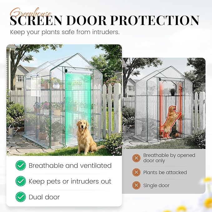 KING BIRD Premium Greenhouse for Outdoors, 56x56x77 Upgraded PVC Cover & Heavy Duty Steel Frame Walk-in Portable Green House for Outside Garden, Screen Windows & Mesh Door, 3 Tiers 10 Shelves, Clear