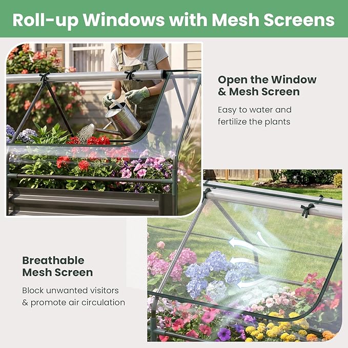 HAPPYGRILL Raised Garden Bed with Cover, Planter Boxes Outdoor w/Mini Greenhouse, 2 Roll-up Windows & Open-Ended Base, Metal Growing Raised Bed for Vegetables (Black, 71” x 36” x 48”)