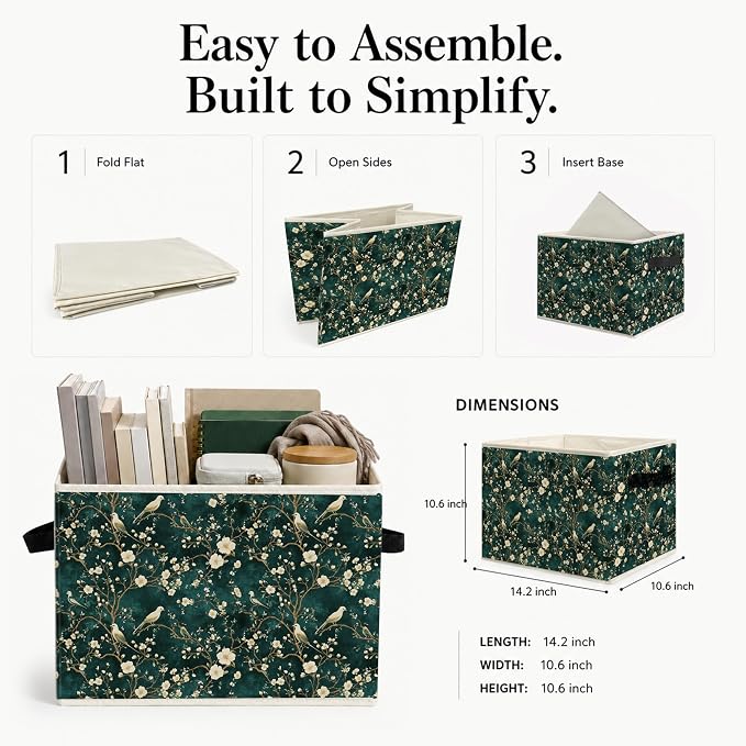 Emerald Green Chinoiserie Floral Bird Storage Bins Box, Elegant White Flower Botanical Collapsible Storage Basket Clothes Toys Books Organizer for Bedroom Laundry Room Home Decor