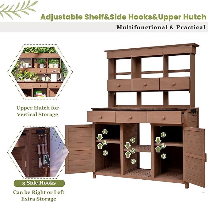 RUNNA 65.7'' H Tall Garden Potting Bench Table with Hutch,Patio Storage Workstation with 3 Shelves,6 Drawers,2 Bottom Cabinets&Side Hooks for Mudroom,Doorway (Brown@024, 65.7)