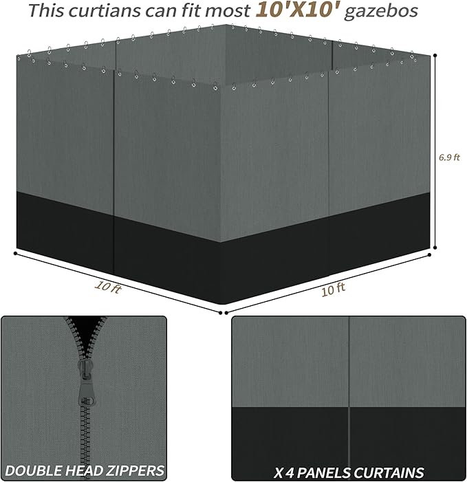 Gazebo Privacy Curtains 10' x 10' with Zipper 4-Panels Side Wall Universal Replacement for Patio, Outdoor Canopy, Garden and Backyard Gray and Black (Curtain Only)