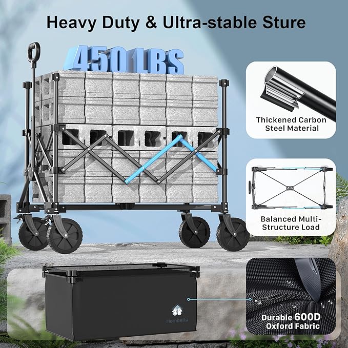 Homebetta Collapsible Wagon Cart, 450LBS Heavy Duty Collapsible Wagon with Brake, All-Terrain Wheels, Removable Fabric Cover, Adjustable Capacity 150L–300L for Garden, Moving, Glamping, Beach, Gift
