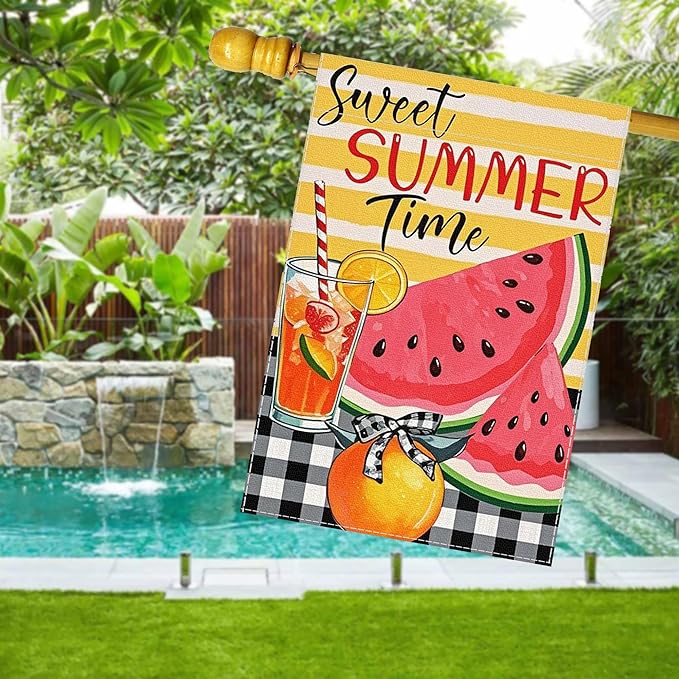 Sweet Summer Time Garden Flag Watermelon Buffalo Plaid 28 X 40 Inch Welcome Small Flags for Outside, Fruit Double Sided Burlap Juice Lemon Holiday Seasonal Banner Farmhouse Outdoor Yard Decoration