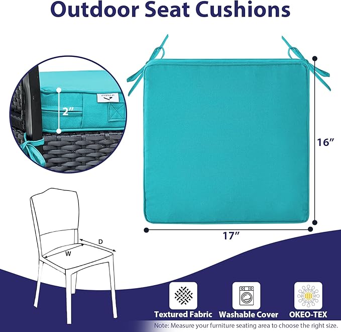 IPYNBAP Outdoor Chair Cushions Set of 4,Waterproof Outdoor Seat Cushions for Patio Furniture,Patio Chair Cushion with Handle and Ties, Square Out Door Chair Pads,17" x 16" x 2", Teal
