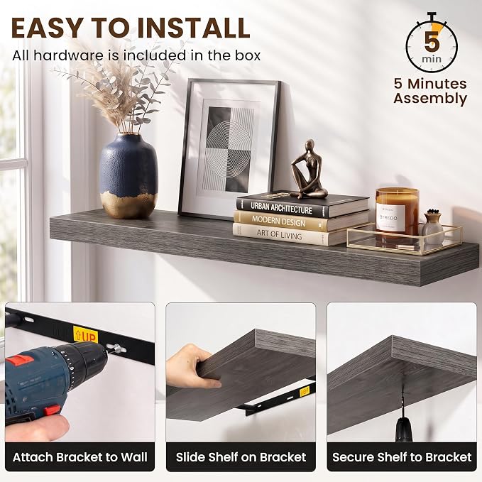 Acovy 48x8in Floating Shelves 2 Pack, Wall Mount Display Shelf, Grayish Oak | Invisible Brackets, 35lb Sturdy MDF, 48in Long, Easy Install, For Bedroom, Bathroom, Living Room, Kitchen & Office