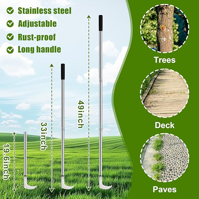 Adjustable 2-in-1 Garden Hoe with Rake & L-Shaped Crack Weeder Set, Stainless Steel Long Handle Weeding Tool for Stand up Soil Prep, Leveling and Yard Cleanup (No Bending Required)